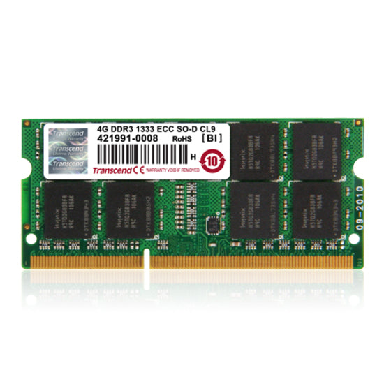 Transcend 4GB DDR3-1333 ECC-SO-DIMM RAM Module, 204-Pin, CL9 2Rx8