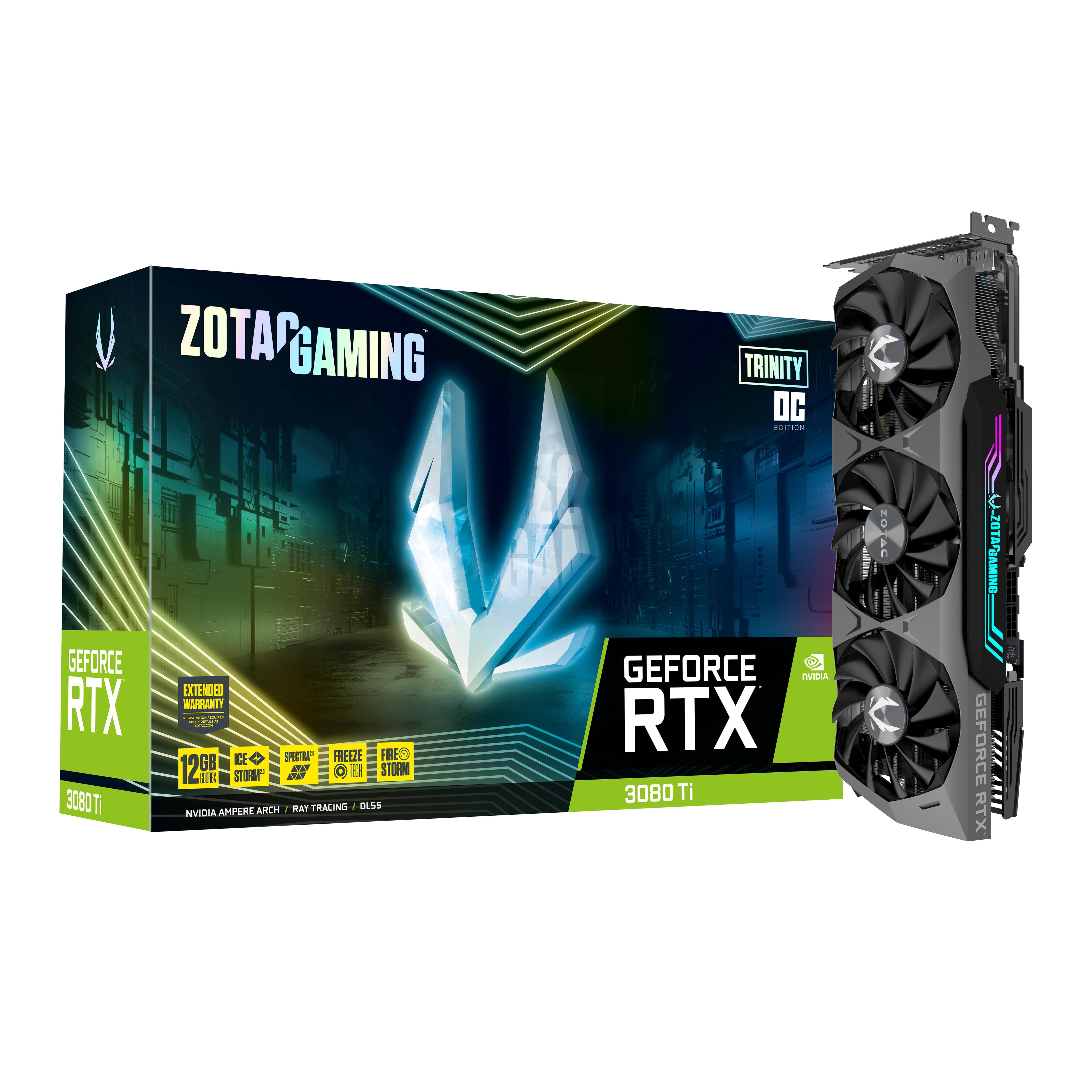 ZOTAC GeForce RTX 3080Ti TRINITY OC Memory: 12G GDDR6X, Memory Bus: 384  bit, Core MHz/Memory MHz: 1695/19000, DirectX: 12, Connectors: DP+HDMI, 