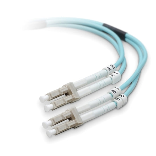 Belkin aqua-colored fiber optic duplex patch cable with LC connectors showing labeled A/B ports-alternate-image1