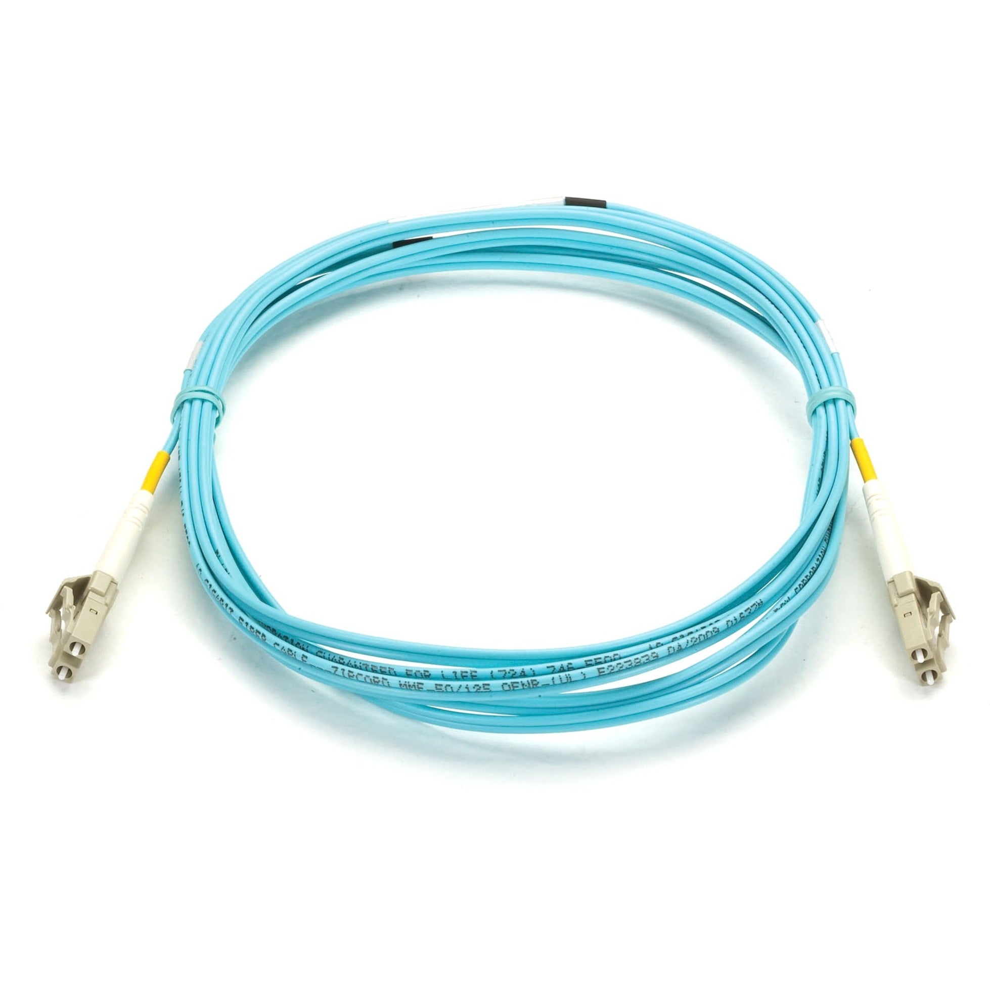 Black Box 6.6ft aqua fiber optic patch cable with LC connectors on both ends, coiled in oval shape-alternate-image1