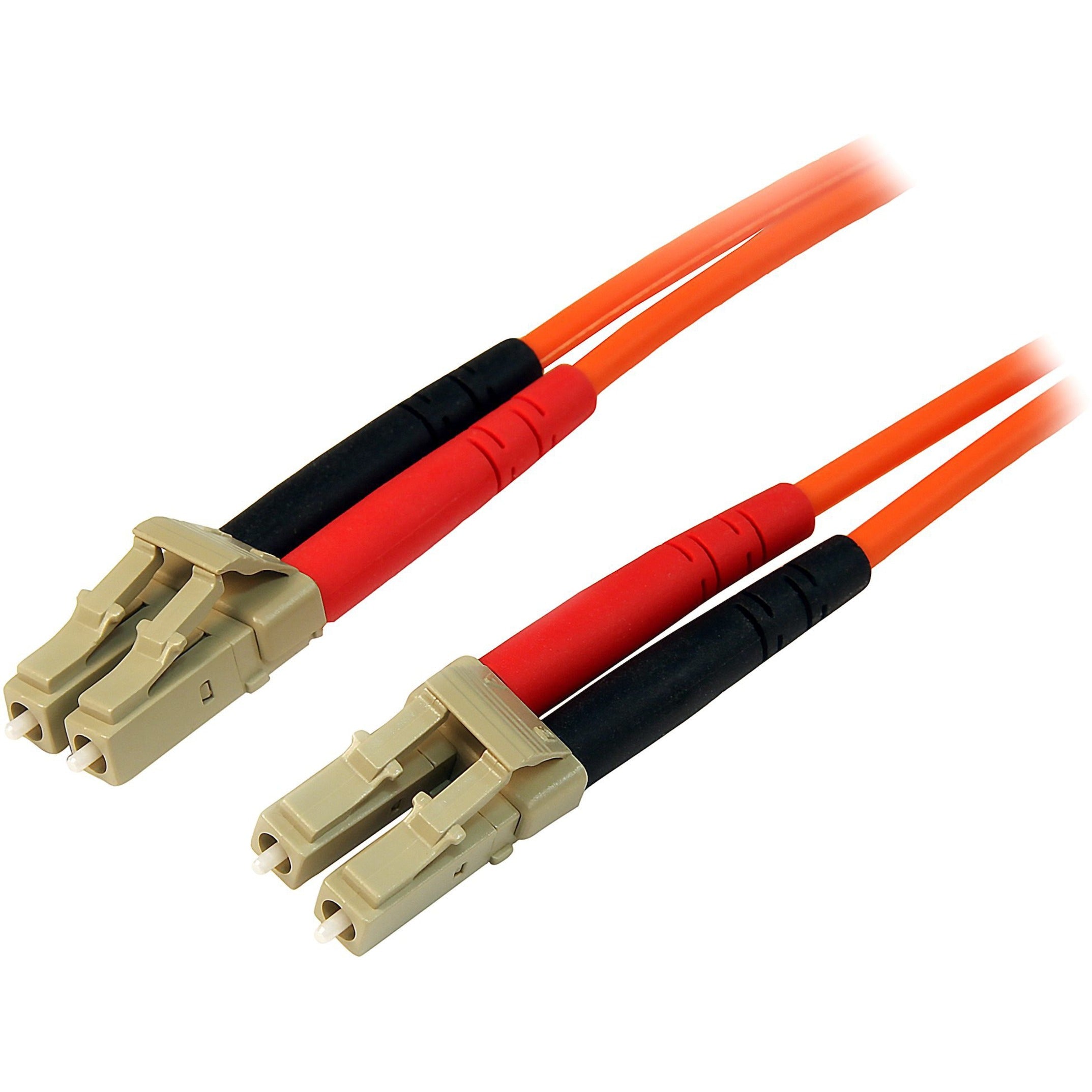Close-up view of LC connectors on orange multimode fiber optic cable showing duplex design and strain relief-alternate-image1