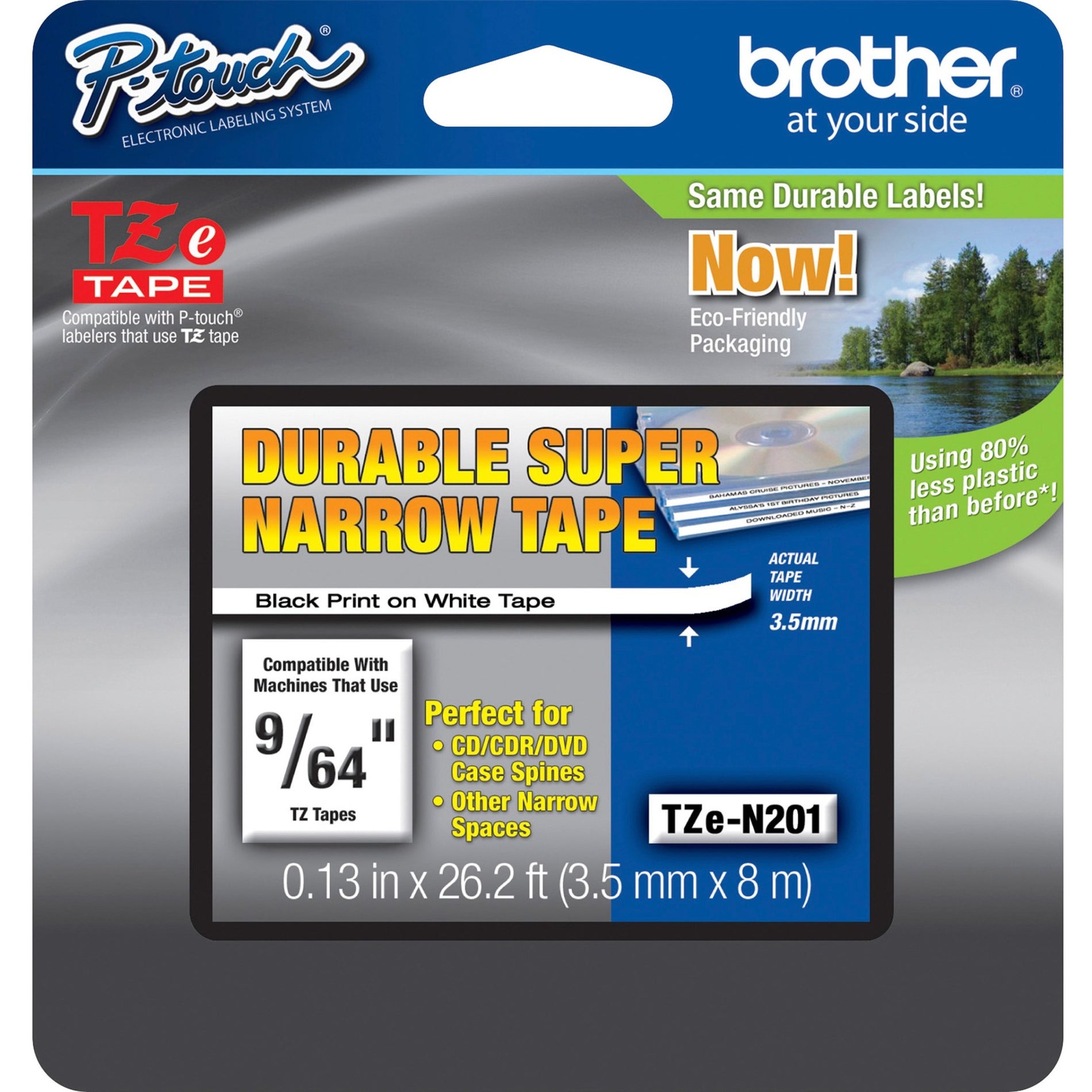 Brother TZEN201 TZ Super Narrow Non-laminated Tapes, 1/8" Black/White, Abrasion Resistant, Fade Resistant, High Durable, Chemical Resistant, Temperature Resistant