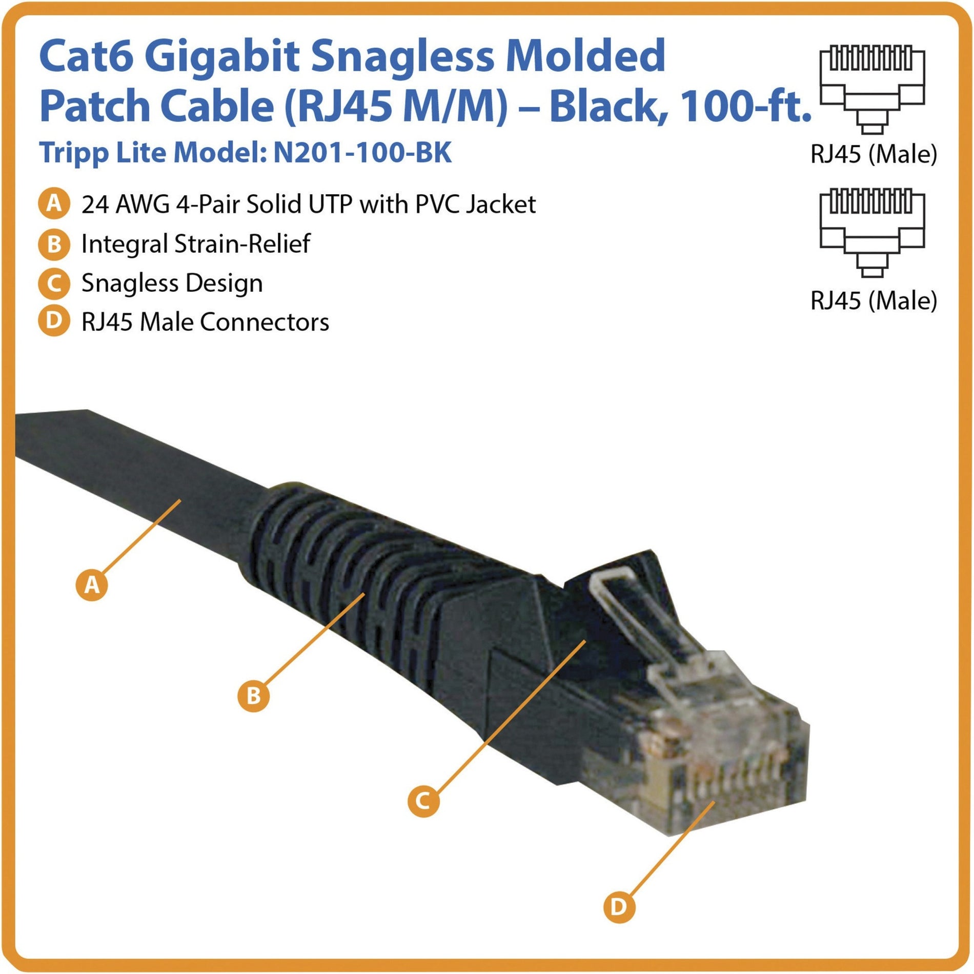 Tripp Lite N201-100-BK 100-ft. Cat6 Gigabit Snagless Molded Patch Cable, Black