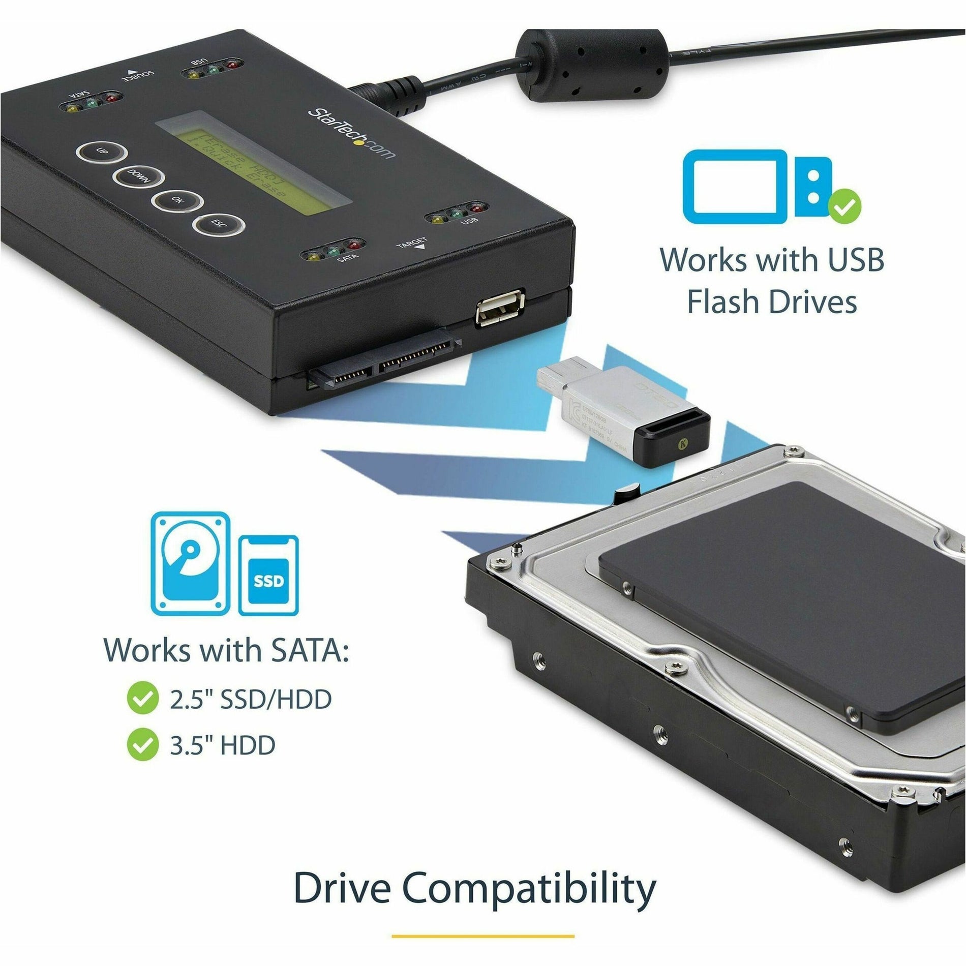StarTech.com SU2DUPERA11 Drive Duplicator and Eraser for USB Flash Drives and 2.5 / 3.5" SATA Drives, Compact Design, 2 Year Warranty