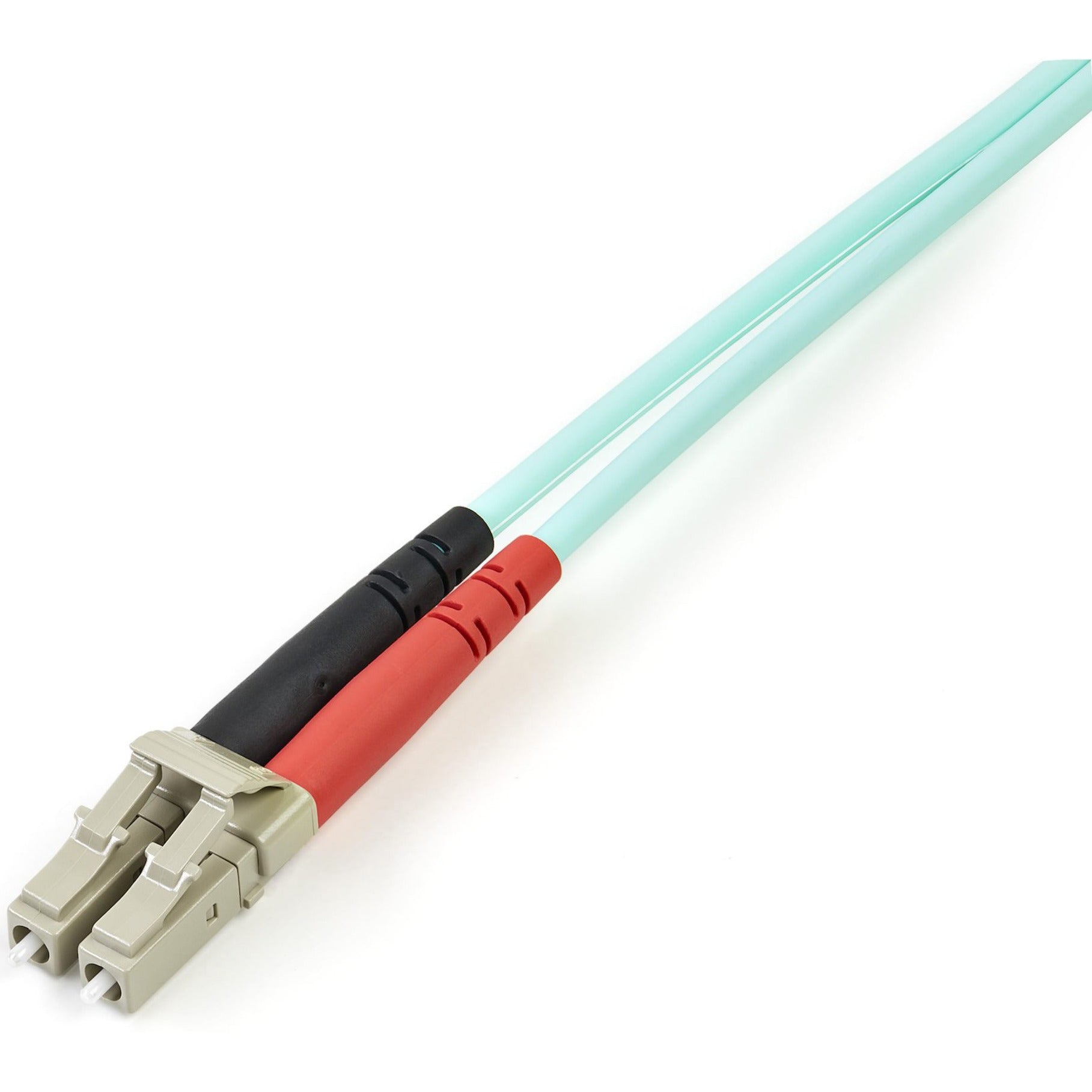 Close-up view of StarTech.com fiber optic cable LC connector showing latch mechanism and color coding-alternate-image2