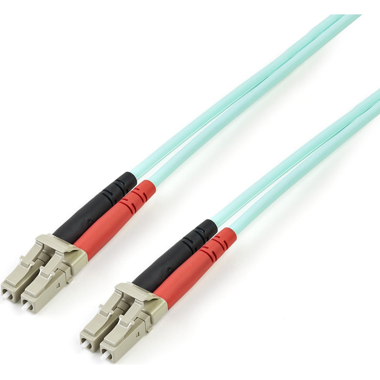 StarTech.com OM4 fiber optic cable with LC connectors showing dual-channel design and aqua cable jacket-alternate-image1