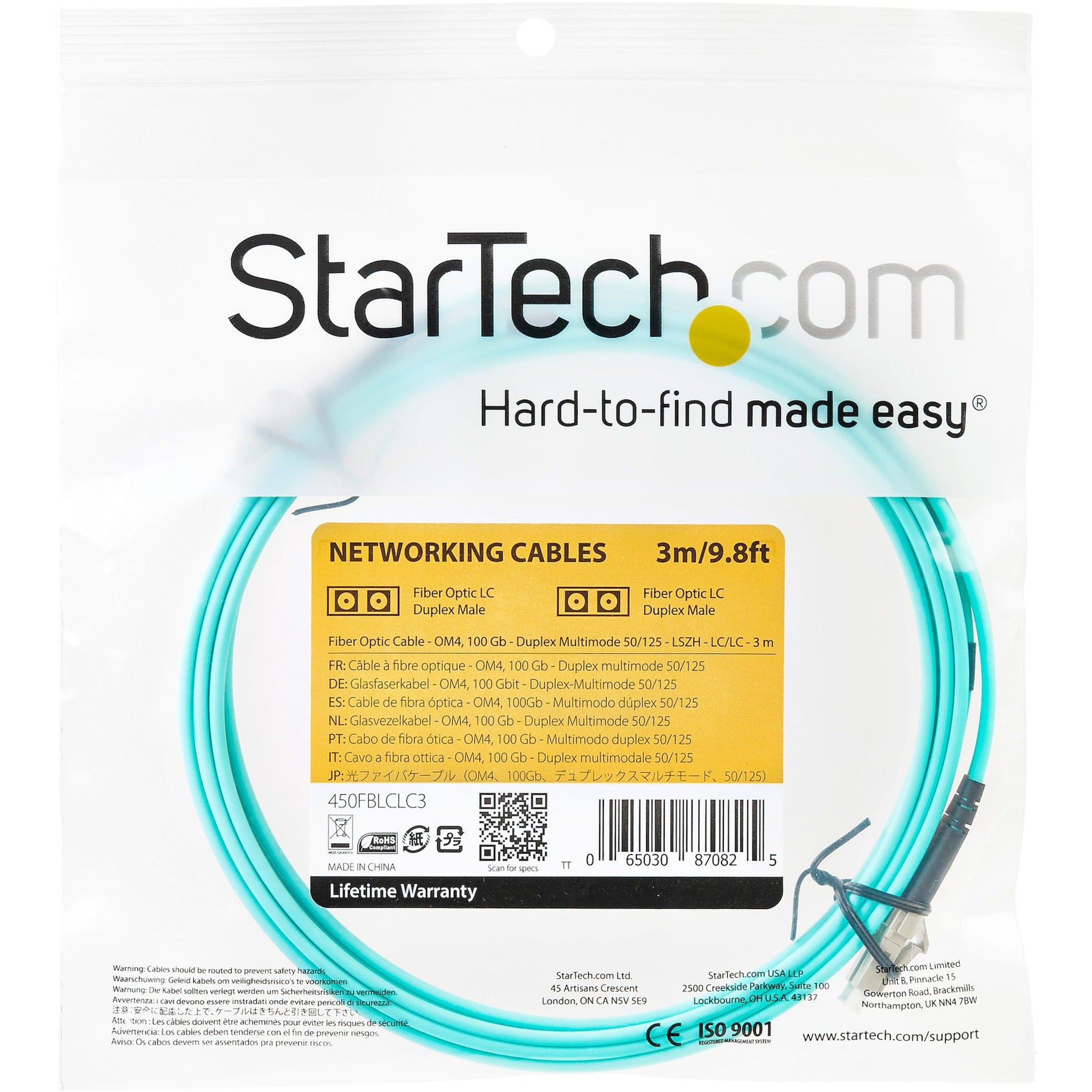 StarTech.com fiber optic cable retail packaging showing specifications and warranty information-alternate-image4