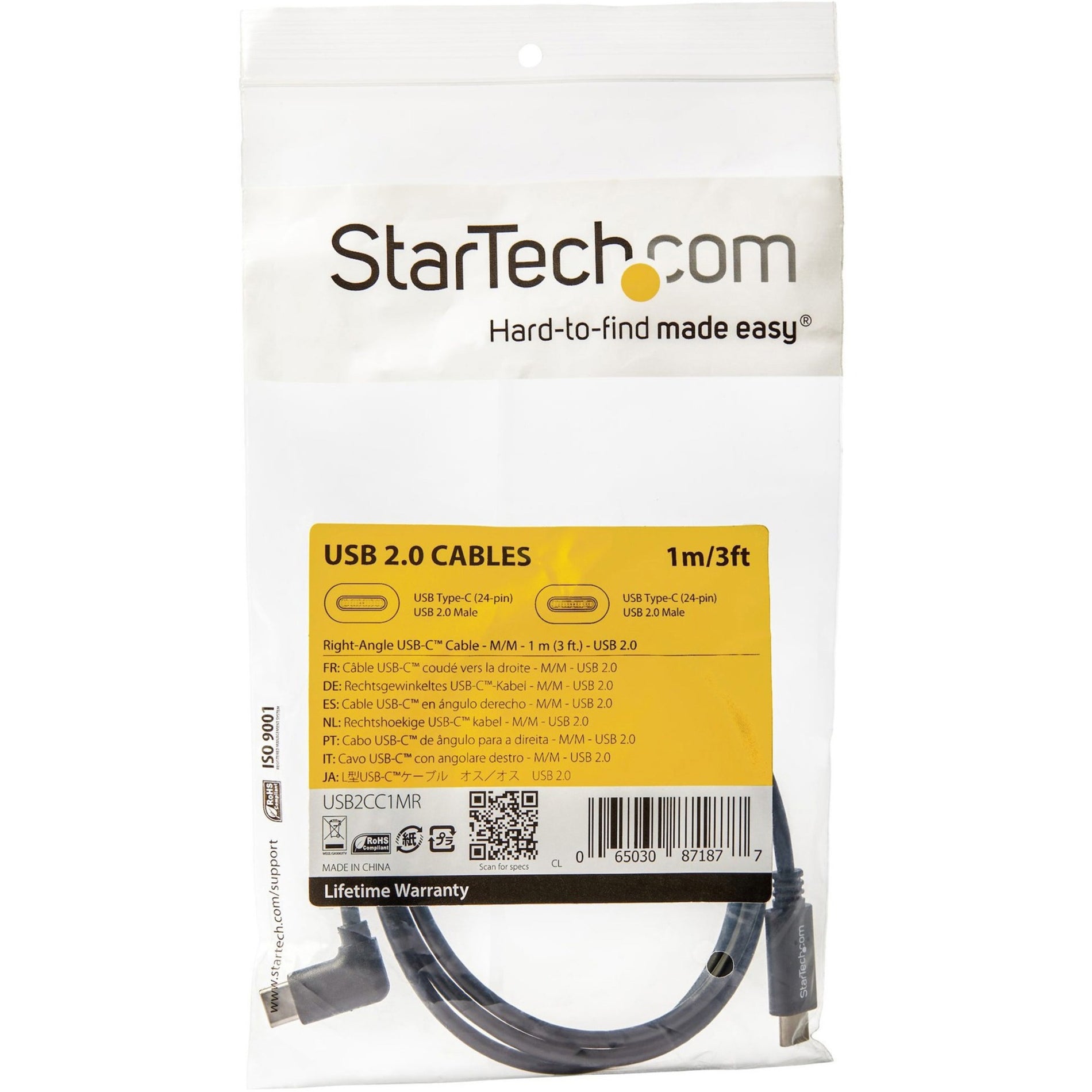 StarTech.com USB2CC1MR Right-Angle USB-C Cable - M/M - 1m (3 ft.), USB Type C Cable, 90 degree USB-C Cable, USB C to USB C Cable, USB-C Charge Cable