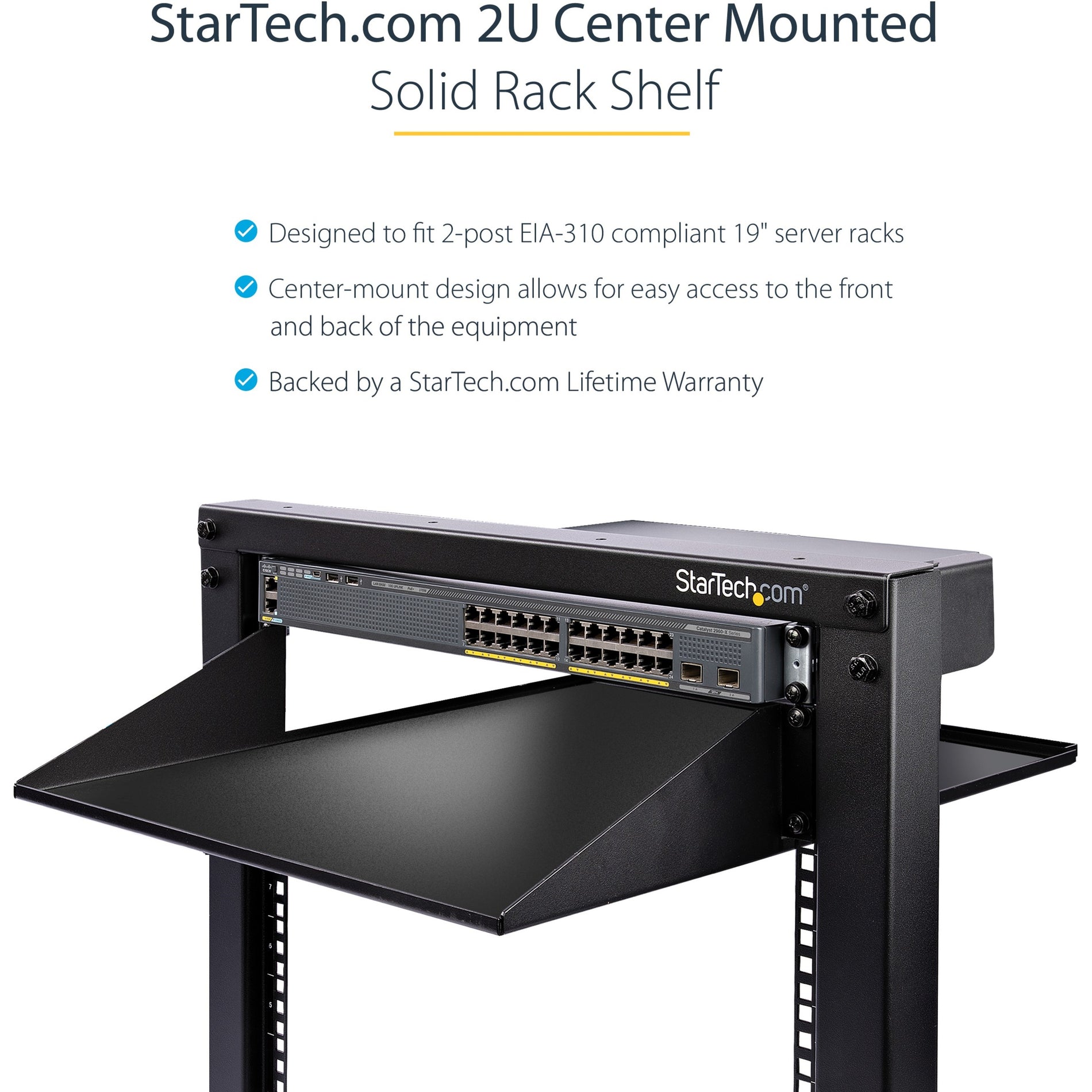 StarTech.com CABSHF2POST2 2U Server Rack Shelf - Center Mount - Supports up to 75lbs, Easy Installation and Organization