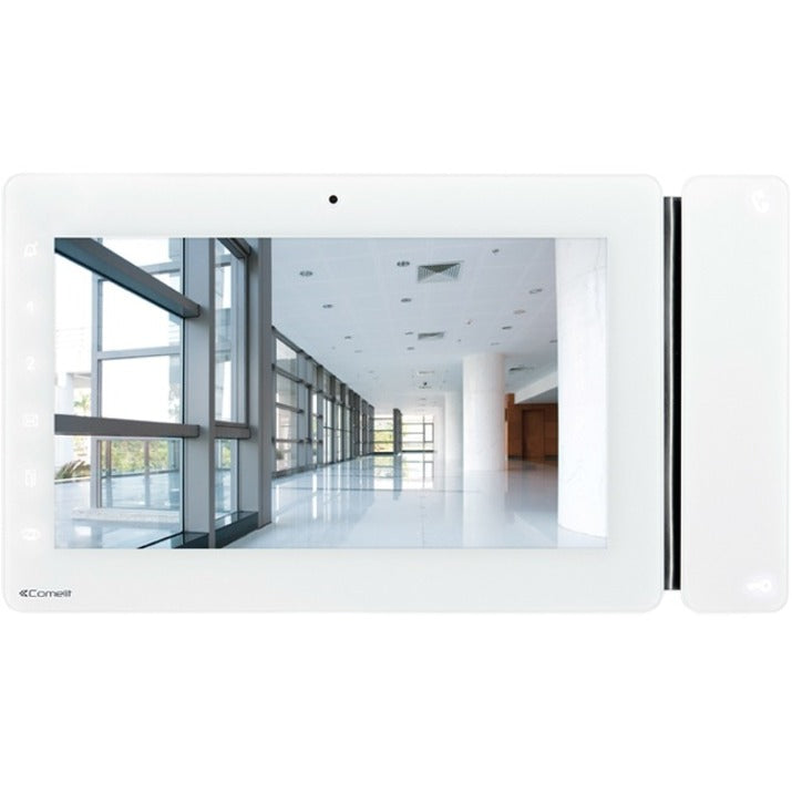 Comelit 7-inch white video intercom monitor displaying a clear view of a modern building interior with glass windows and clean architectural lines-alternate-image1