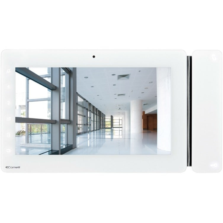 Comelit Maxi Series 7-inch white video intercom monitor displaying a clear view of a modern building interior with floor-to-ceiling windows-alternate-image1