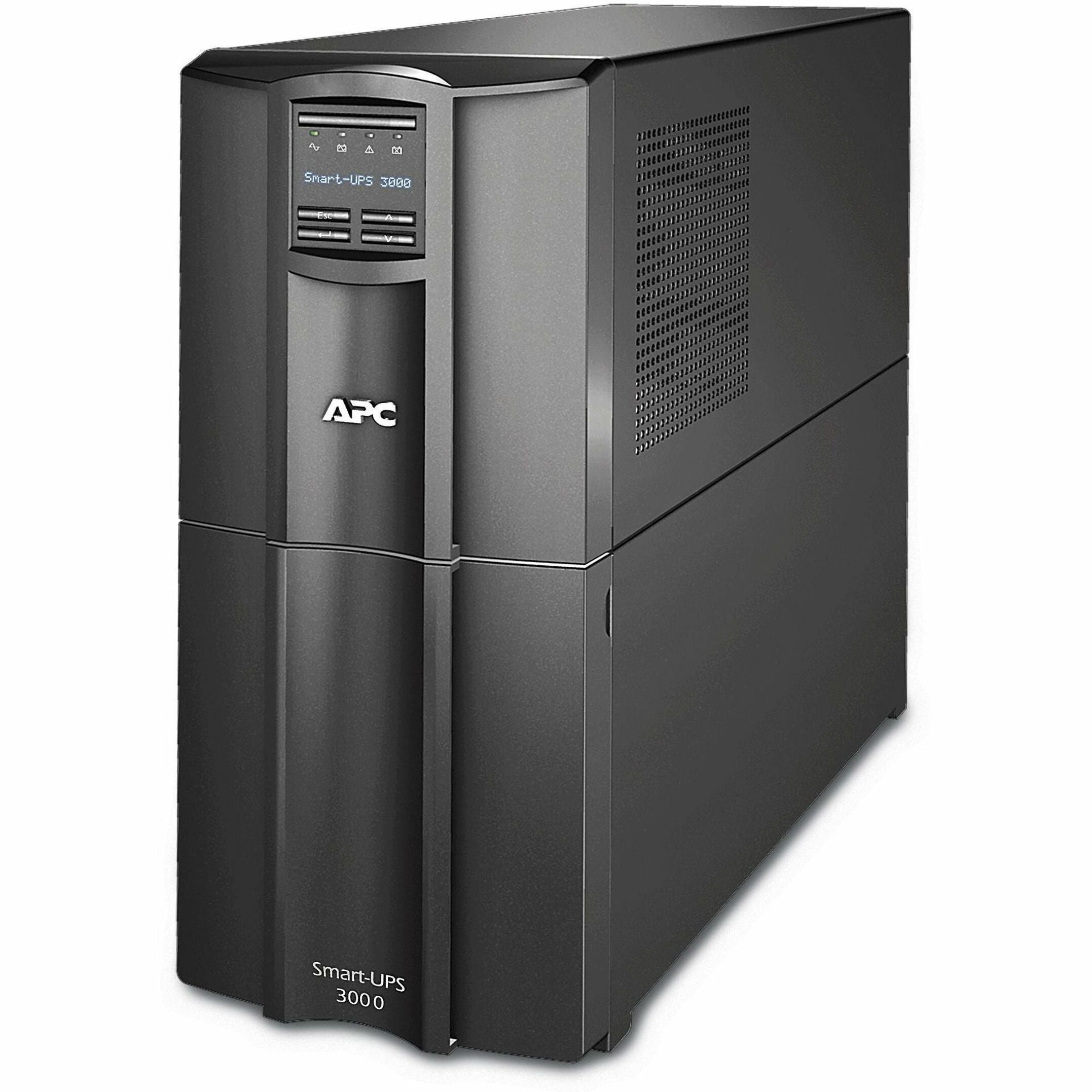 Front view of APC Smart-UPS 3000VA LCD tower UPS system showing LCD display panel and ventilation design-alternate-image1
