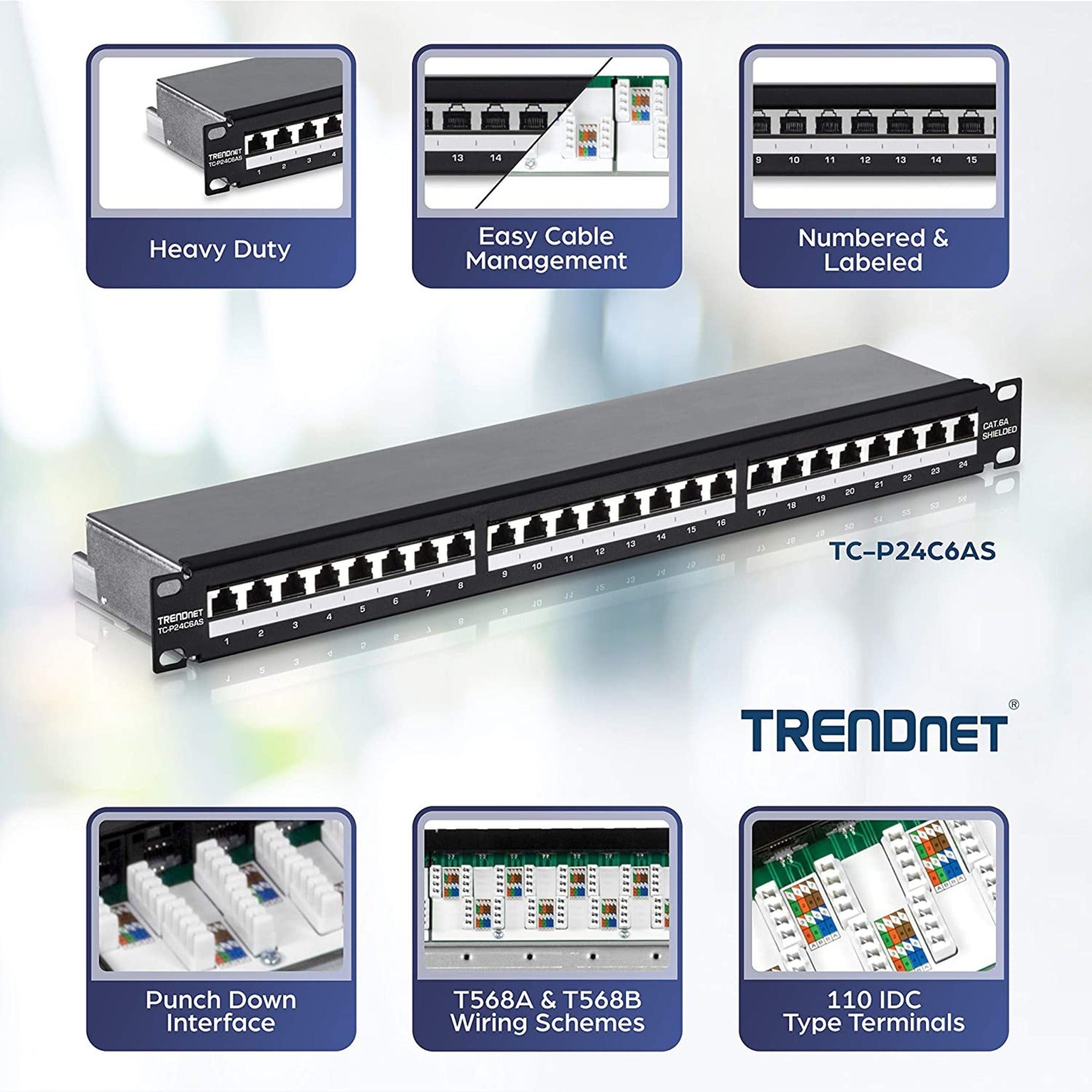 TRENDnet 24-Port Cat6A Shielded Patch Panel, 1U 19" Metal Housing, 10G Ready, Cat5e,Cat6,Cat6A Compatible, Cable Management, Color-Coded Labeling for T568A and T568B Wiring, Black, TC-P24C6AS