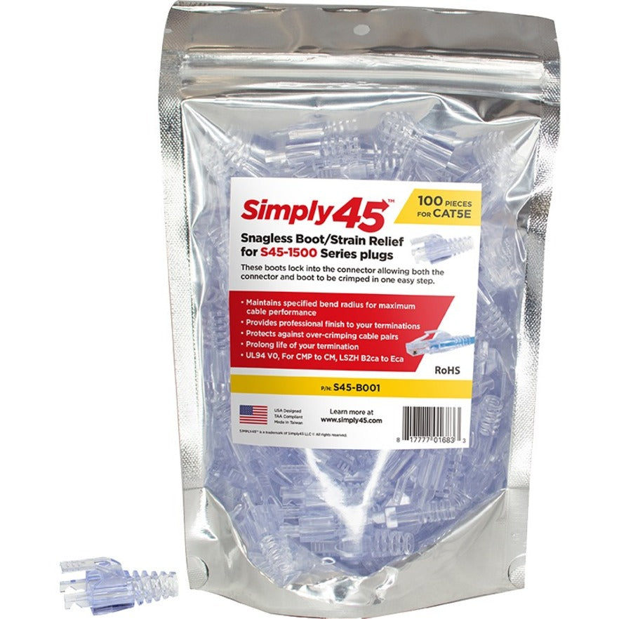 Simply45 S45-B001 strain relief boots in professional resealable package with product specifications and certifications-alternate-image2