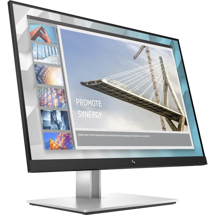 HP E24i G4 monitor displaying a professional presentation with architectural imagery and 'Promote Synergy' text, showcasing the monitor's WUXGA resolution and color accuracy-alternate-image1