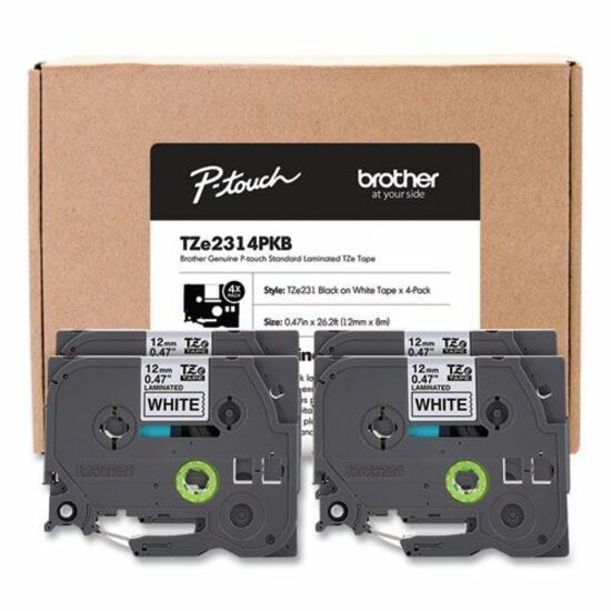 Brother P-touch TZE2314PKB label tape package containing four black on white tapes with retail packaging-alternate-image2