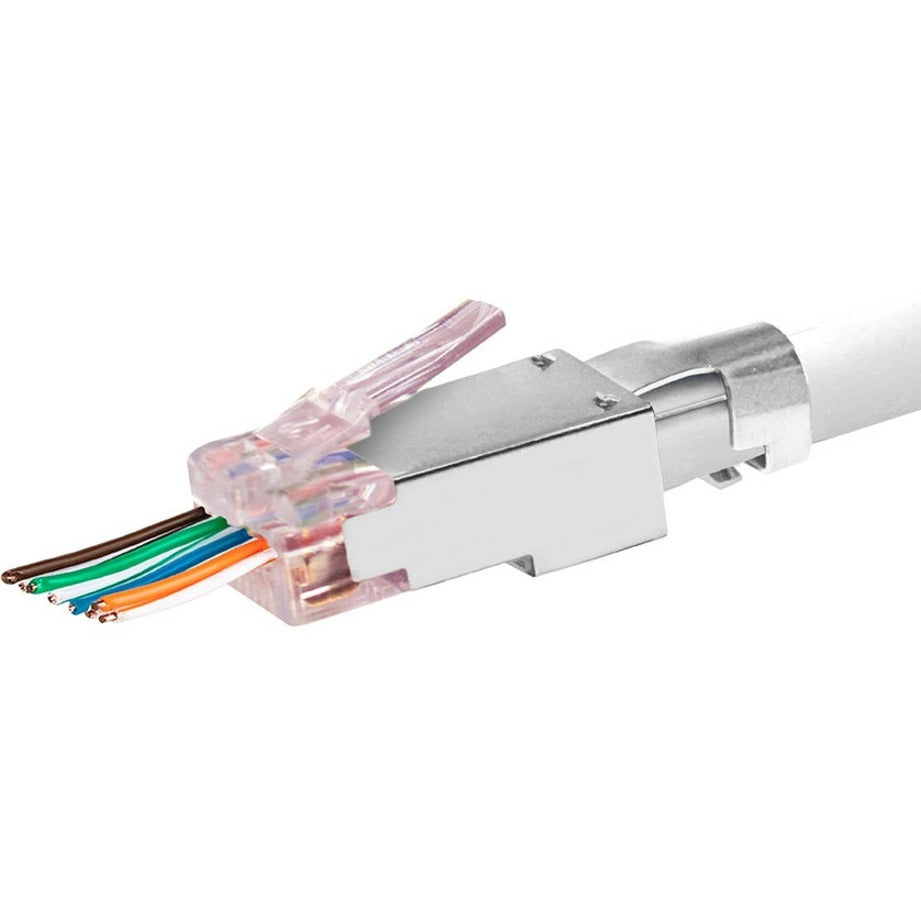 SIMPLY45 S45-1750P connector showing two-piece design with separated metal shield and deep cable insertion capability for Cat6/6a cables-alternate-image3