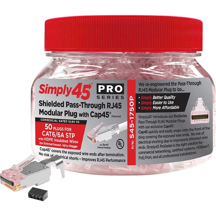 SIMPLY45 Pro Series S45-1750P shielded RJ45 connectors in clear storage jar with red cap, showing 50-piece quantity for Cat6/6a installations-alternate-image1