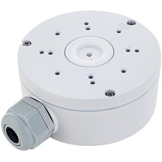 White circular junction box with multiple mounting holes and waterproof cable gland for network camera installation-alternate-image1