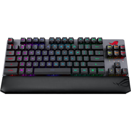 Top view of ROG Strix Scope RX TKL Wireless gaming keyboard with RGB backlit keys displaying rainbow color pattern-alternate-image1