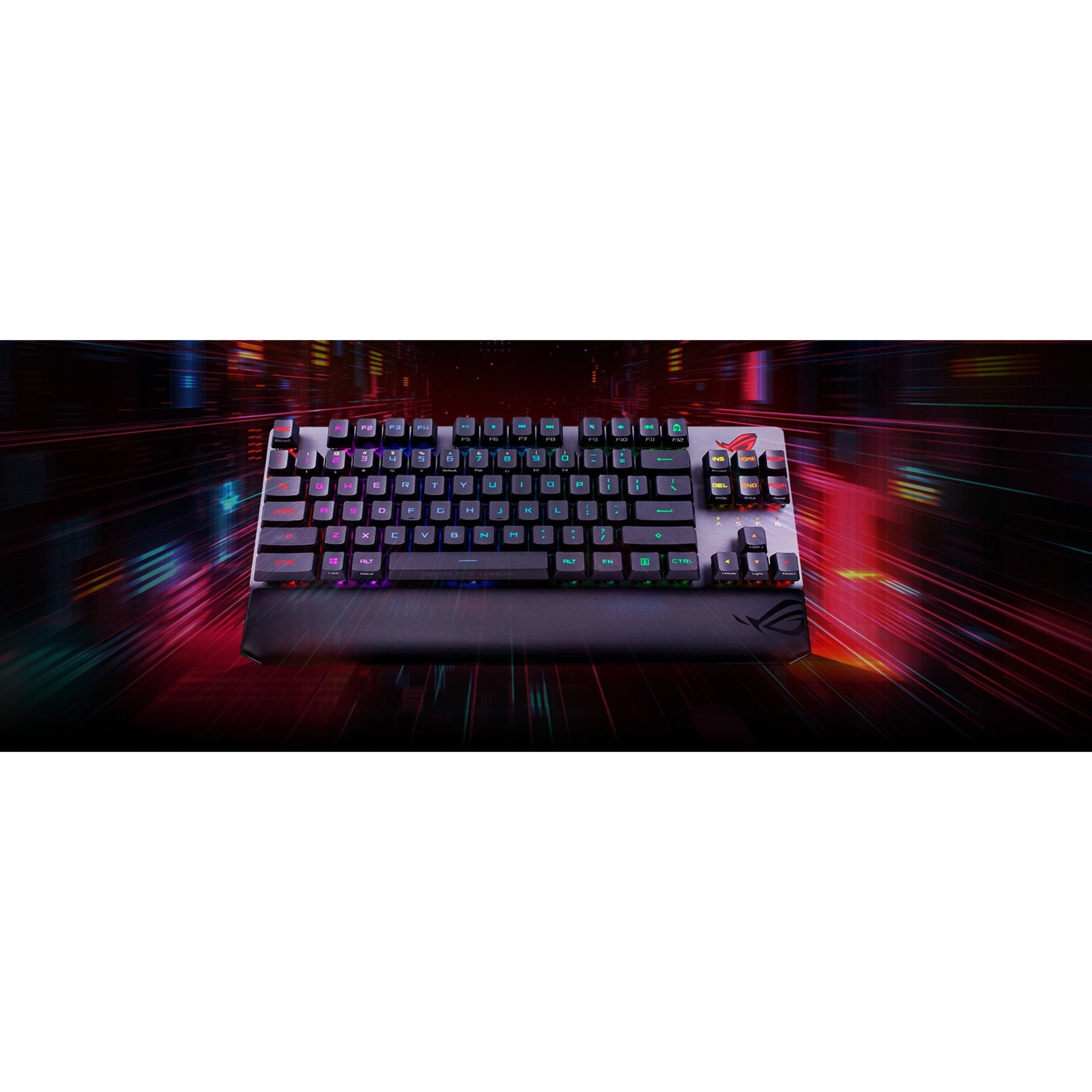 ROG Strix Scope RX TKL Wireless keyboard in atmospheric gaming setup with dynamic lighting effects-alternate-image6