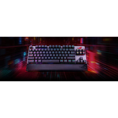 ROG Strix Scope RX TKL Wireless keyboard in atmospheric gaming setup with dynamic lighting effects-alternate-image6