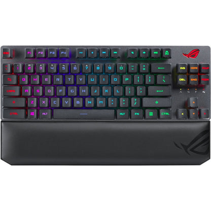 Front view of ROG Strix Scope RX TKL Wireless keyboard displaying fluid RGB lighting patterns-alternate-image4