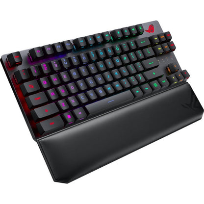 Side angle view of ROG Strix Scope RX TKL Wireless keyboard showing ergonomic wrist rest and angular design-alternate-image2