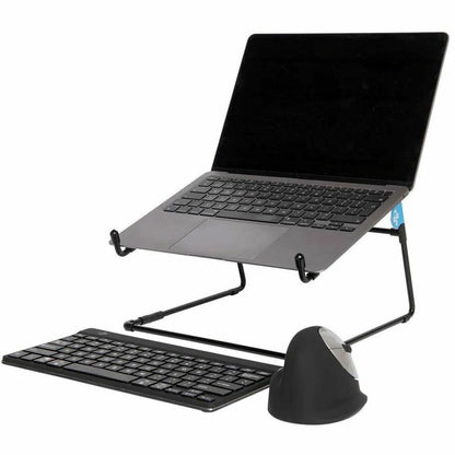 Laptop on R-Go stand with external keyboard and ergonomic mouse showing complete workspace setup-alternate-image3
