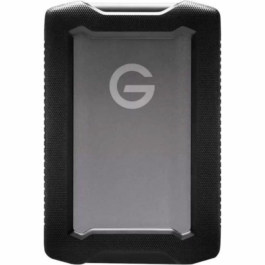 Front view of SanDisk Professional G-DRIVE ArmorATD external hard drive showing protective rubber bumper frame and aluminum casing with G logo