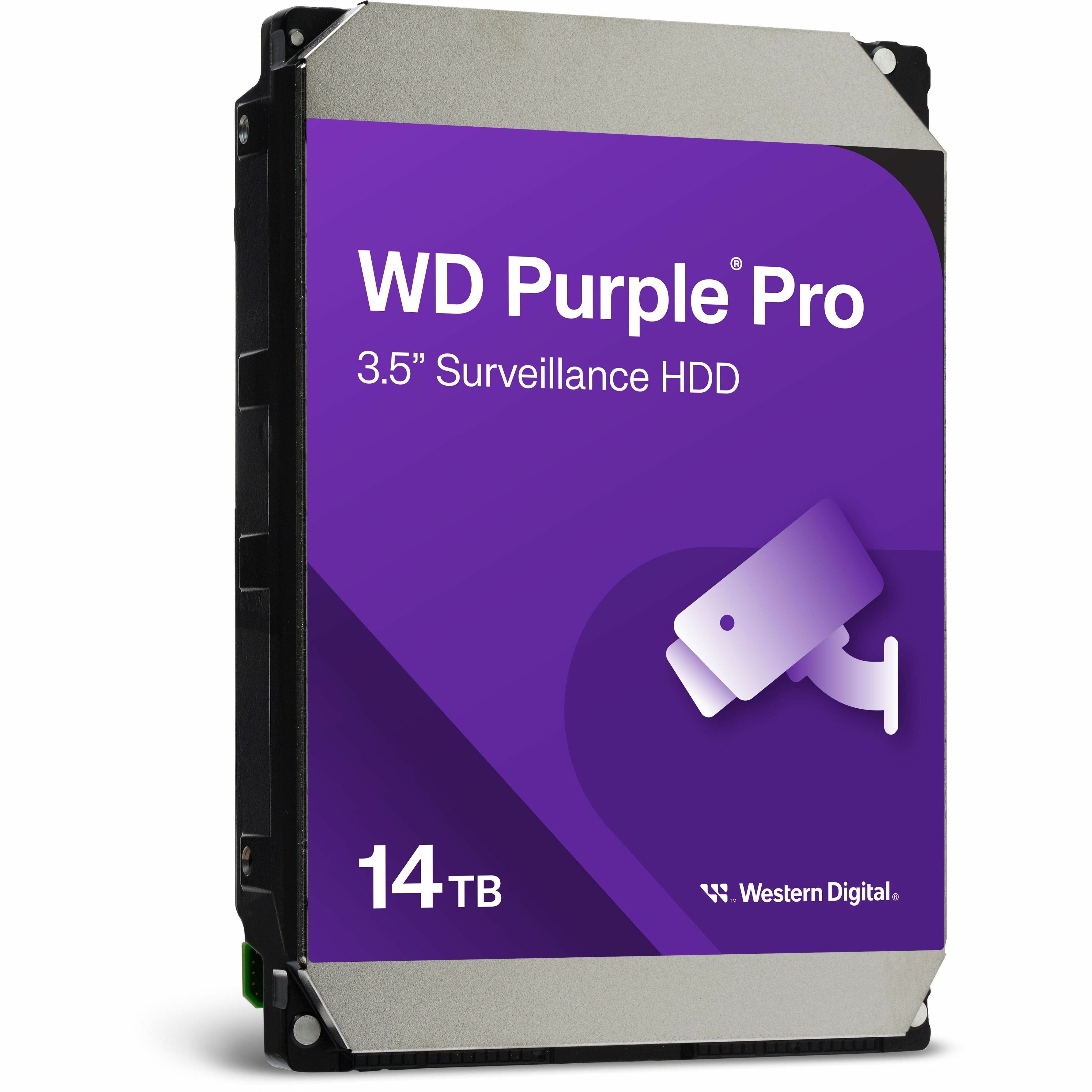 Angled side view of WD Purple Pro 14TB surveillance hard drive showing industrial design and construction