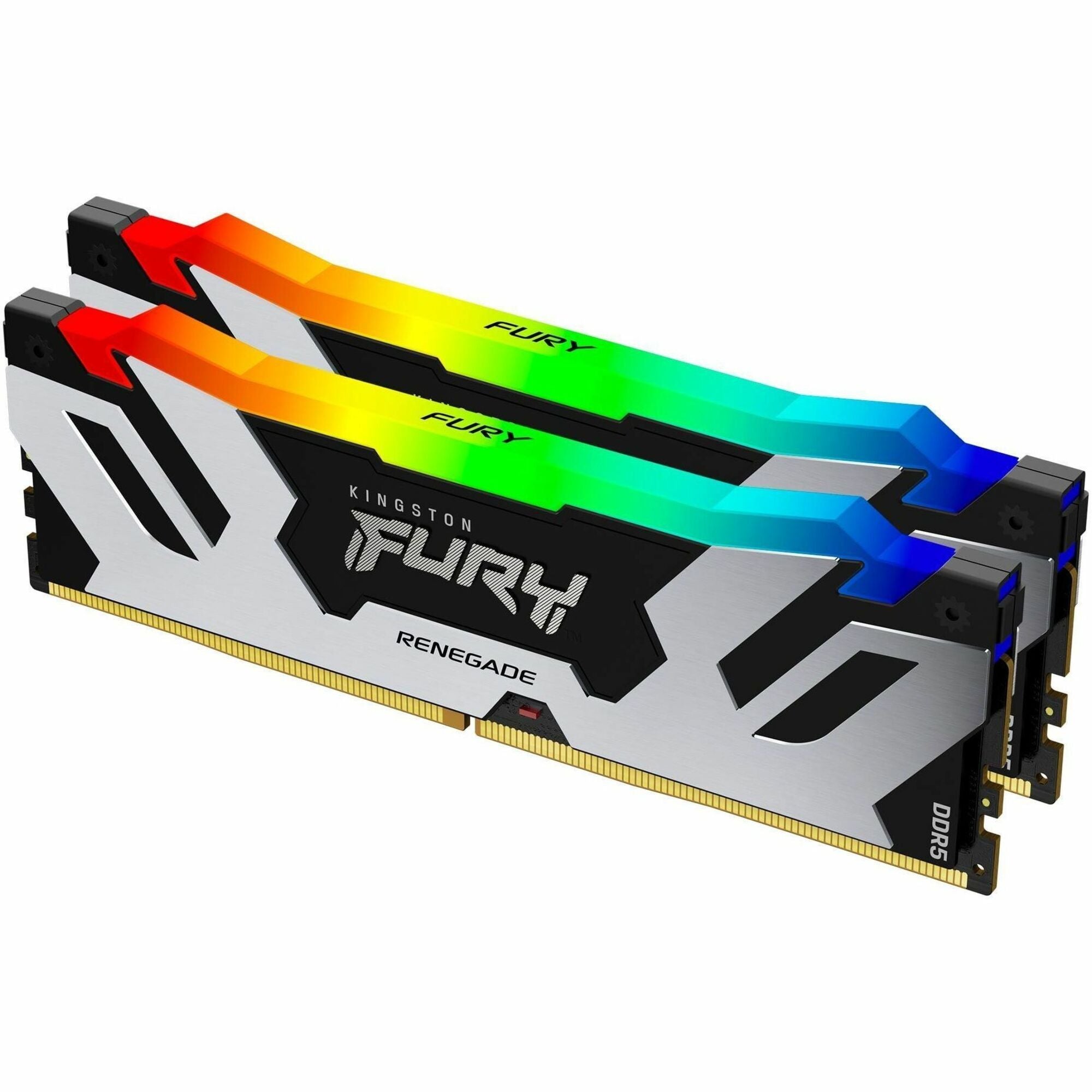 Pair of Kingston FURY Renegade DDR5 RGB modules with rainbow lighting effects showing dual-channel configuration