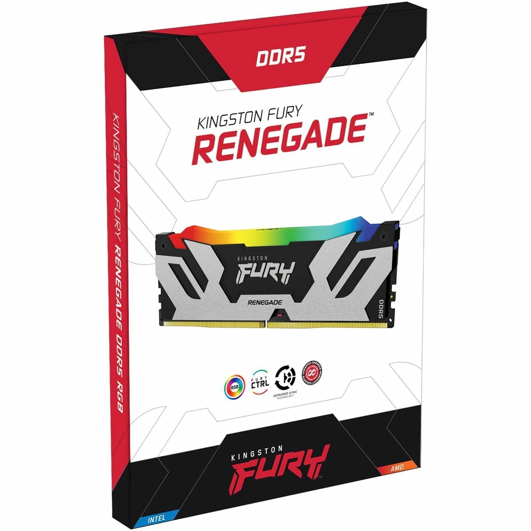 Kingston FURY Renegade DDR5 memory kit retail packaging showing RGB module and certification logos