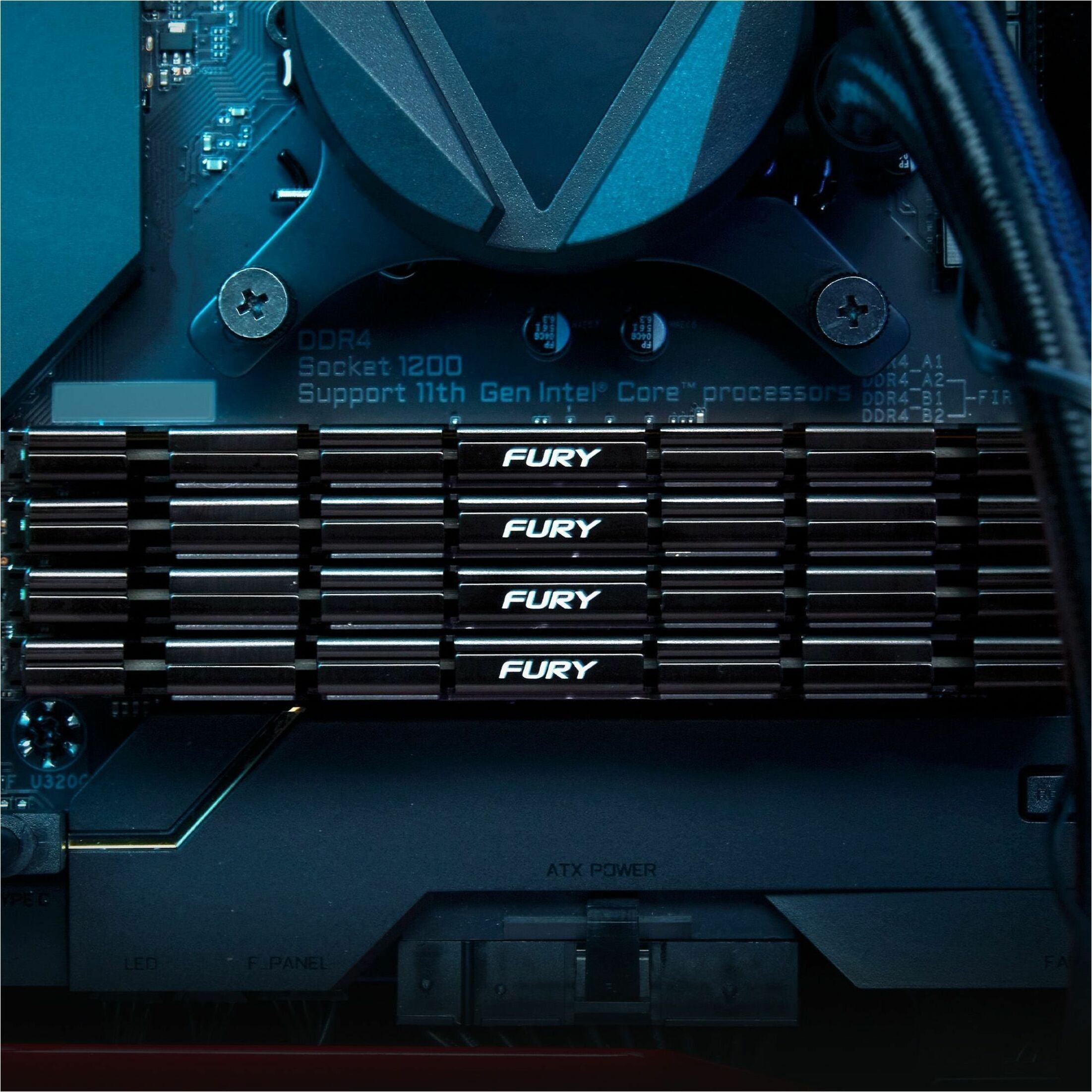 Close-up of Kingston FURY Renegade RAM installed on Intel motherboard