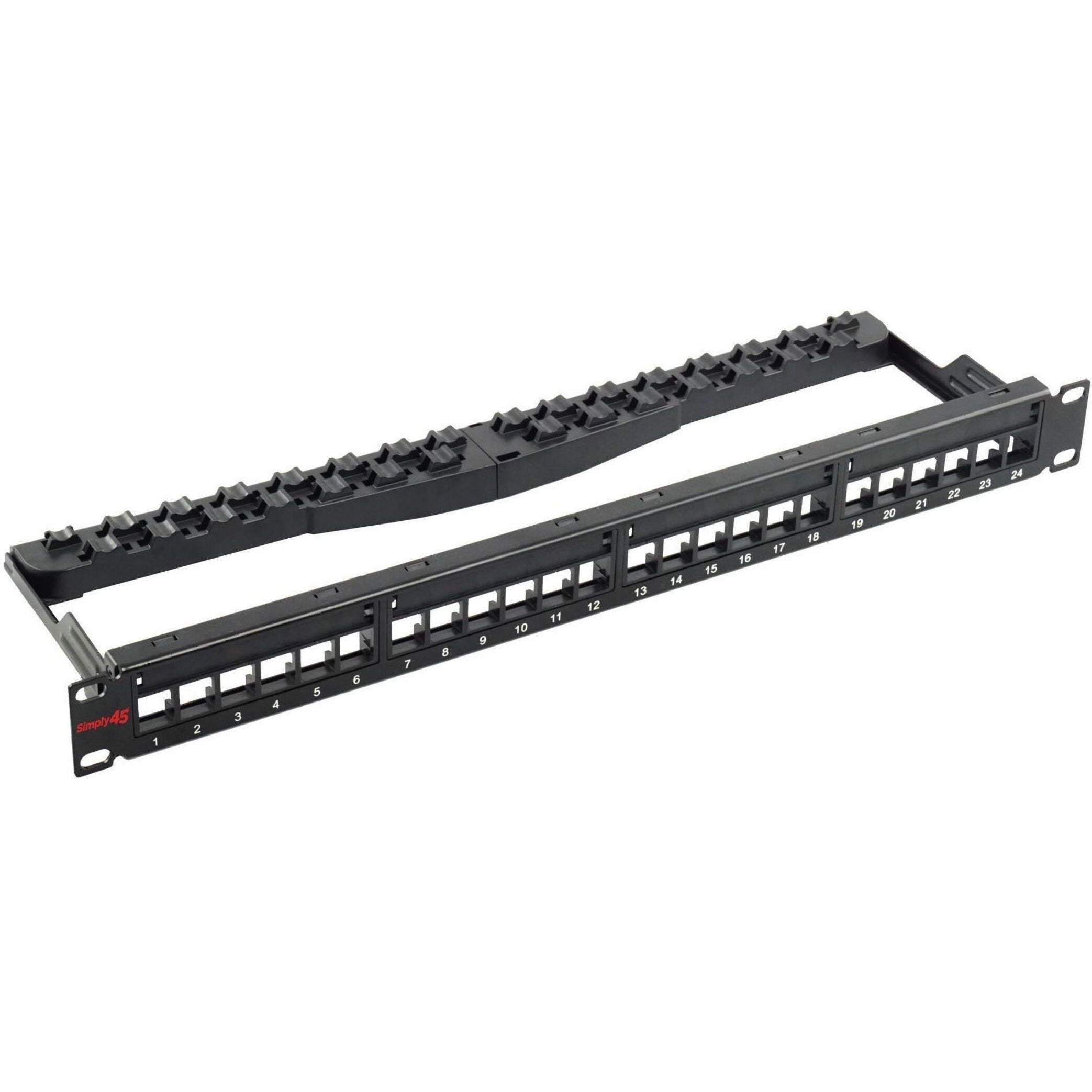 SIMPLY45 24-port unloaded keystone patch panel front view showing numbered ports and mounting brackets-alternate-image1