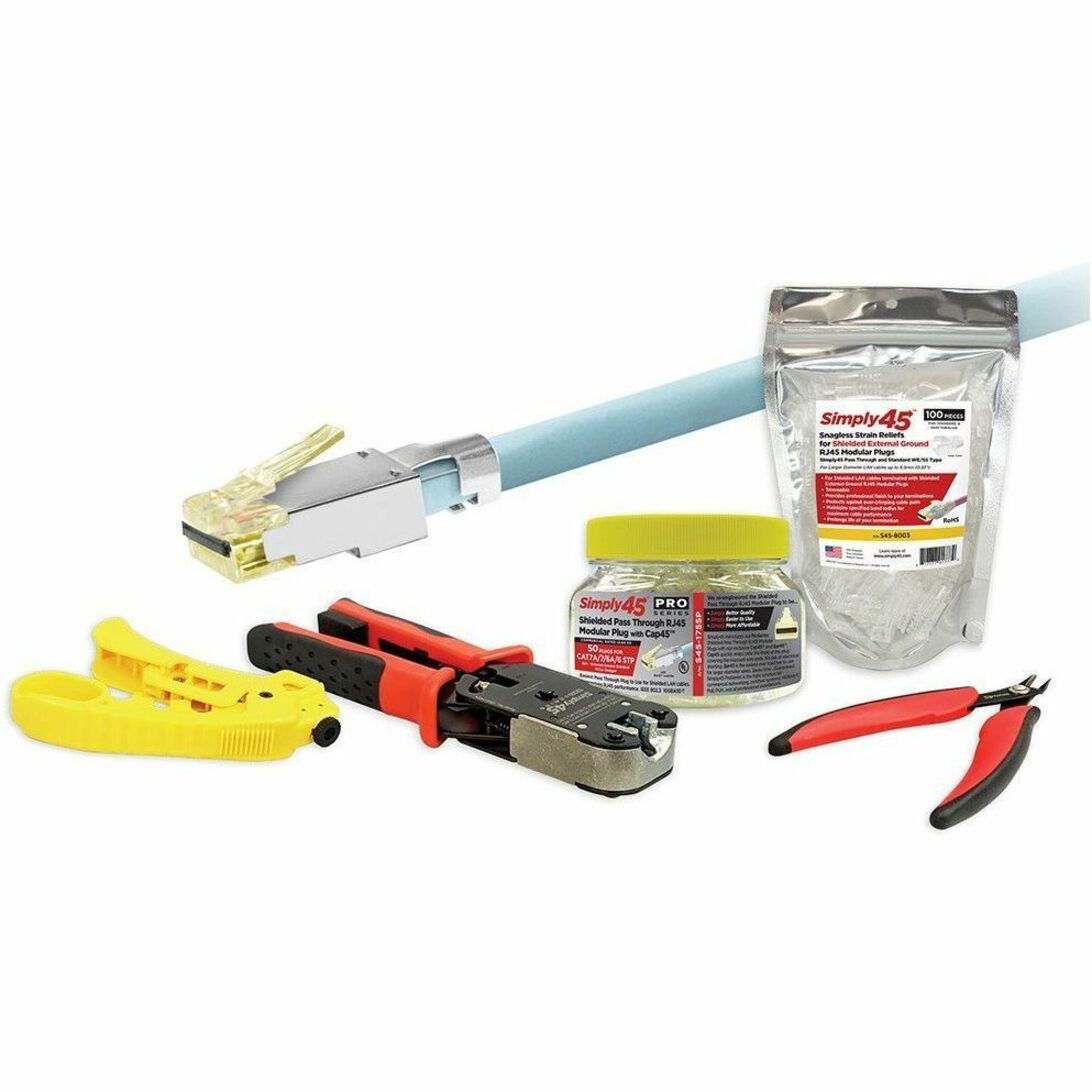 SIMPLY45 ProSeries 10G Shielded Starter Kit components including crimper, stripper, connectors, and strain relief boots laid out with terminated cable-alternate-image1