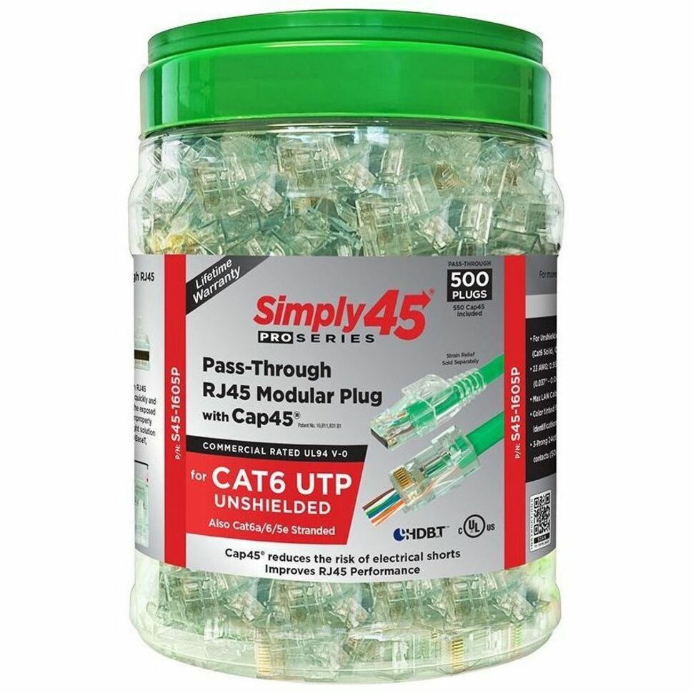 Simply45 Pro Series CAT6 UTP RJ45 connector jar containing 500 pass-through modular plugs with green lid-alternate-image1