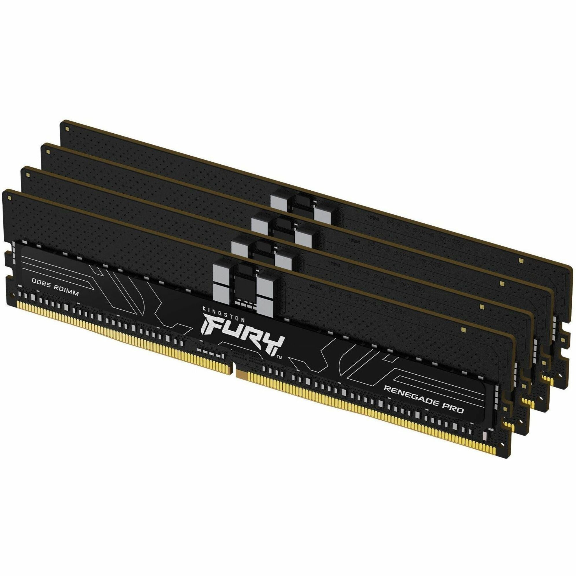 Four Kingston FURY Renegade Pro DDR5 memory modules arranged in parallel showing black heatspreaders with geometric patterns