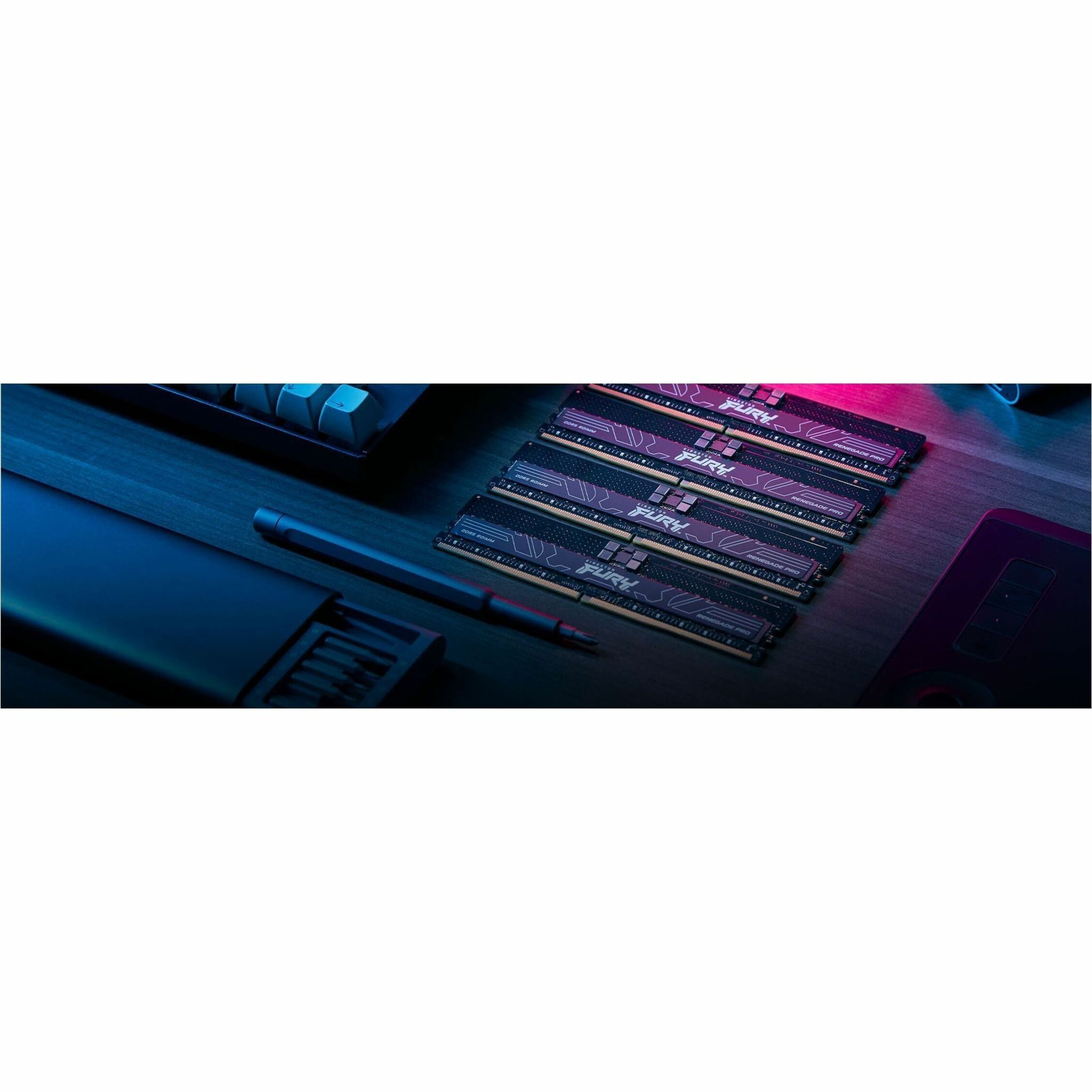 Artistic shot of Kingston FURY Renegade Pro RAM modules with blue and purple lighting