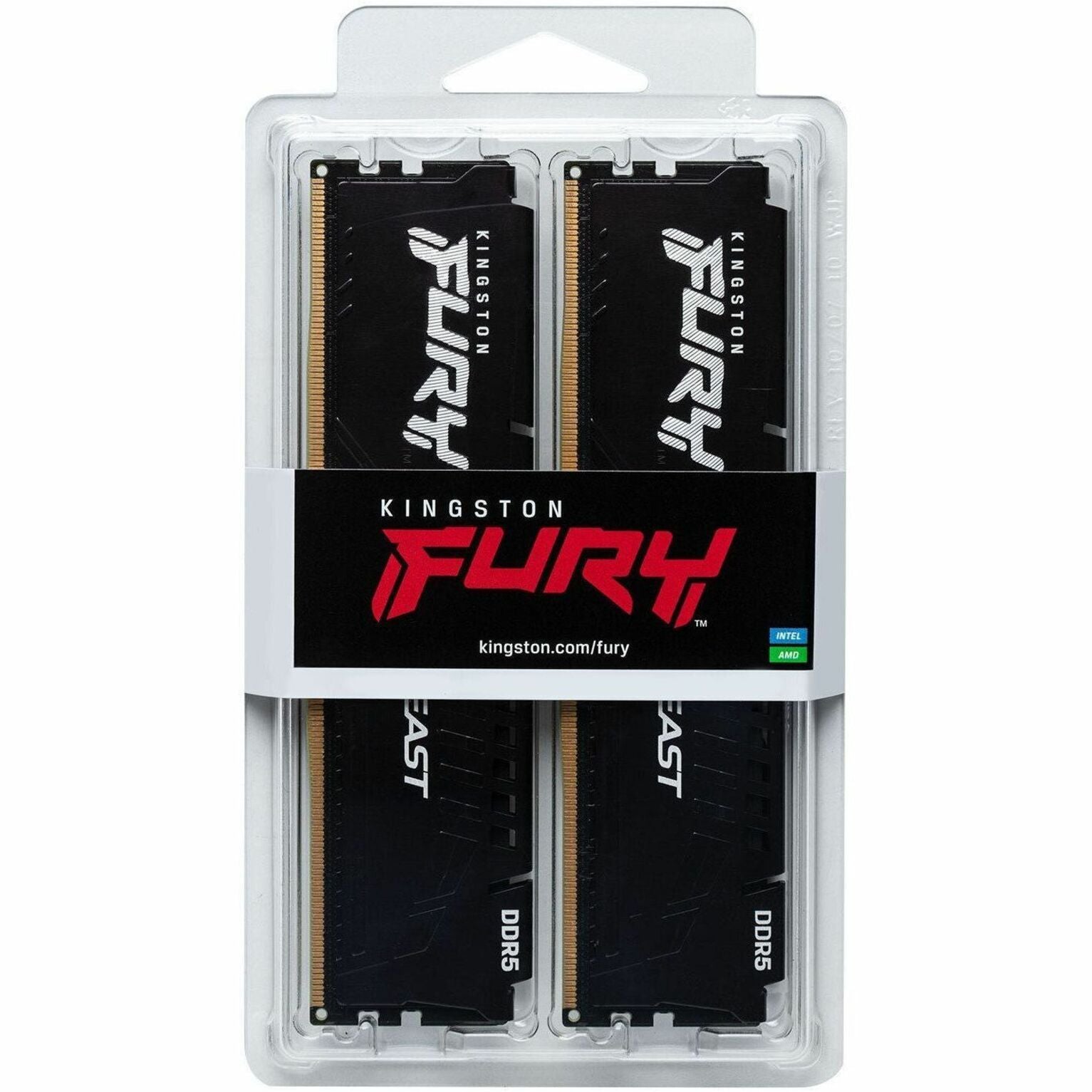 Kingston FURY Beast DDR5 retail packaging showing two memory modules in protective casing
