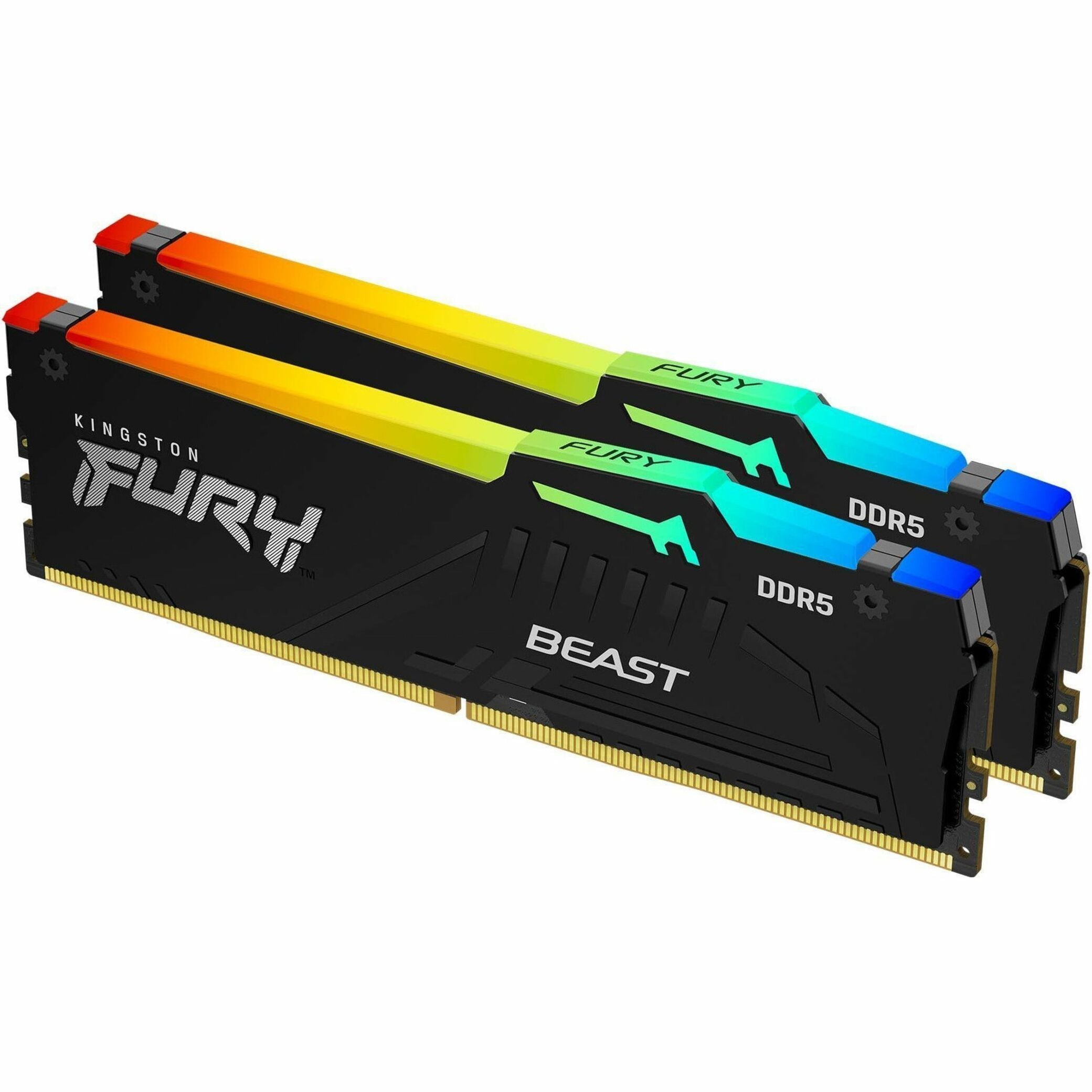 Kingston FURY Beast DDR5 RGB RAM modules showing rainbow RGB lighting effects on black heatspreader