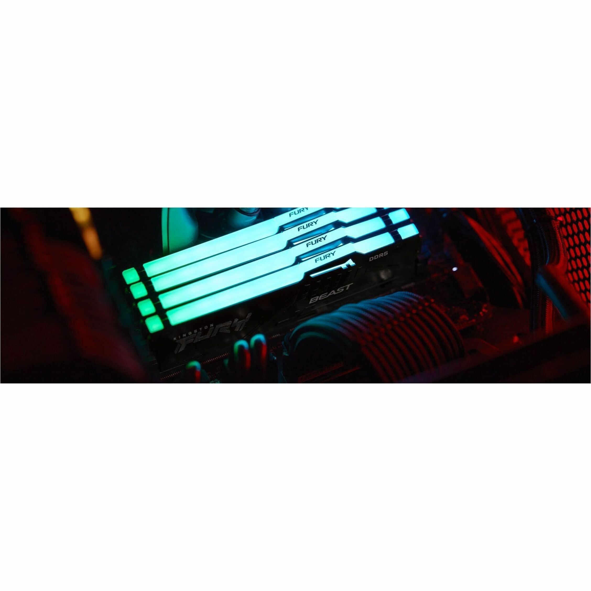 Kingston FURY Beast DDR5 RAM modules displaying synchronized RGB lighting in a gaming PC setup