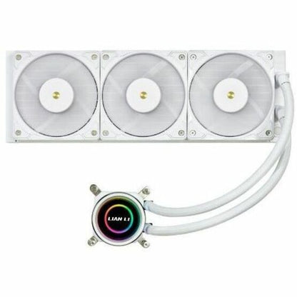 Lian Li Galahad II Trinity 360mm AIO cooler displaying RGB pump head and white radiator assembly-alternate-image3