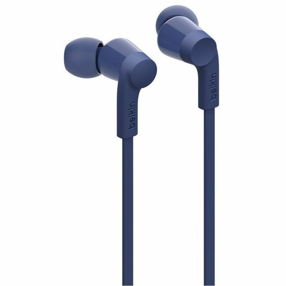 Close-up of blue Belkin earbuds showing ergonomic angled design-alternate-image2