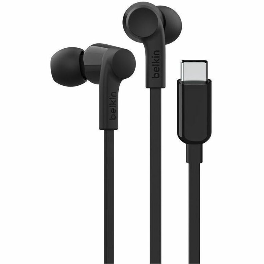 Belkin USB-C wired earbuds in black showing earbuds and USB-C connector with flat cable design-alternate-image1