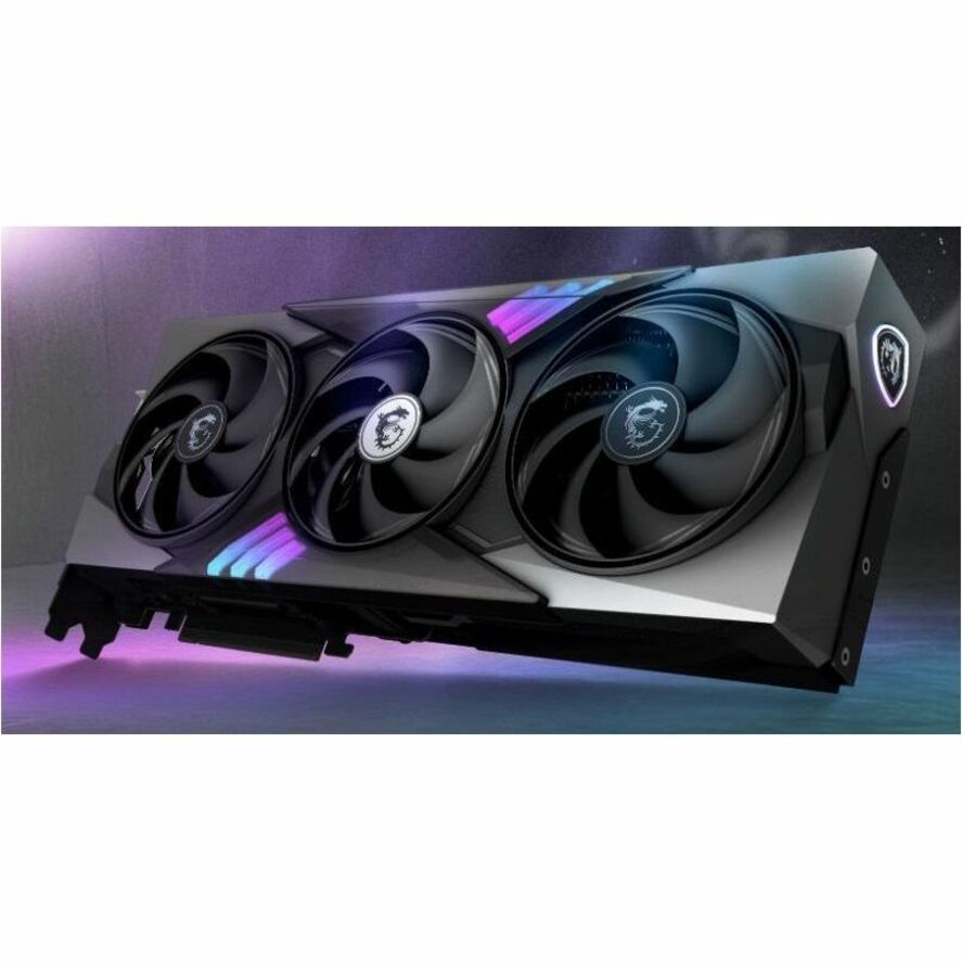 MSI RTX 5080 Gaming Trio graphics card floating in cosmic space environment with dramatic RGB lighting effects