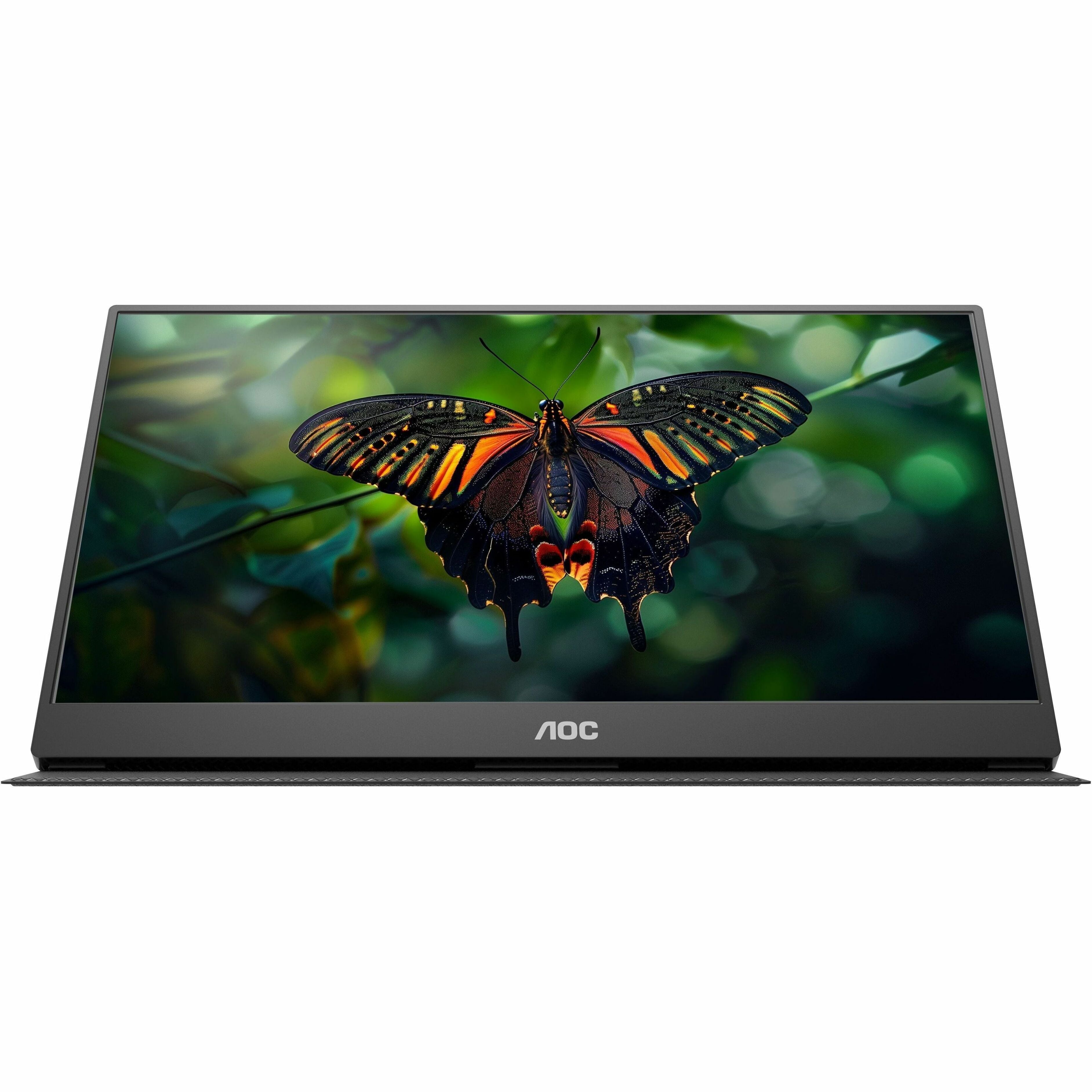 Front view of AOC 16E10 portable monitor displaying vibrant butterfly image-alternate-image1
