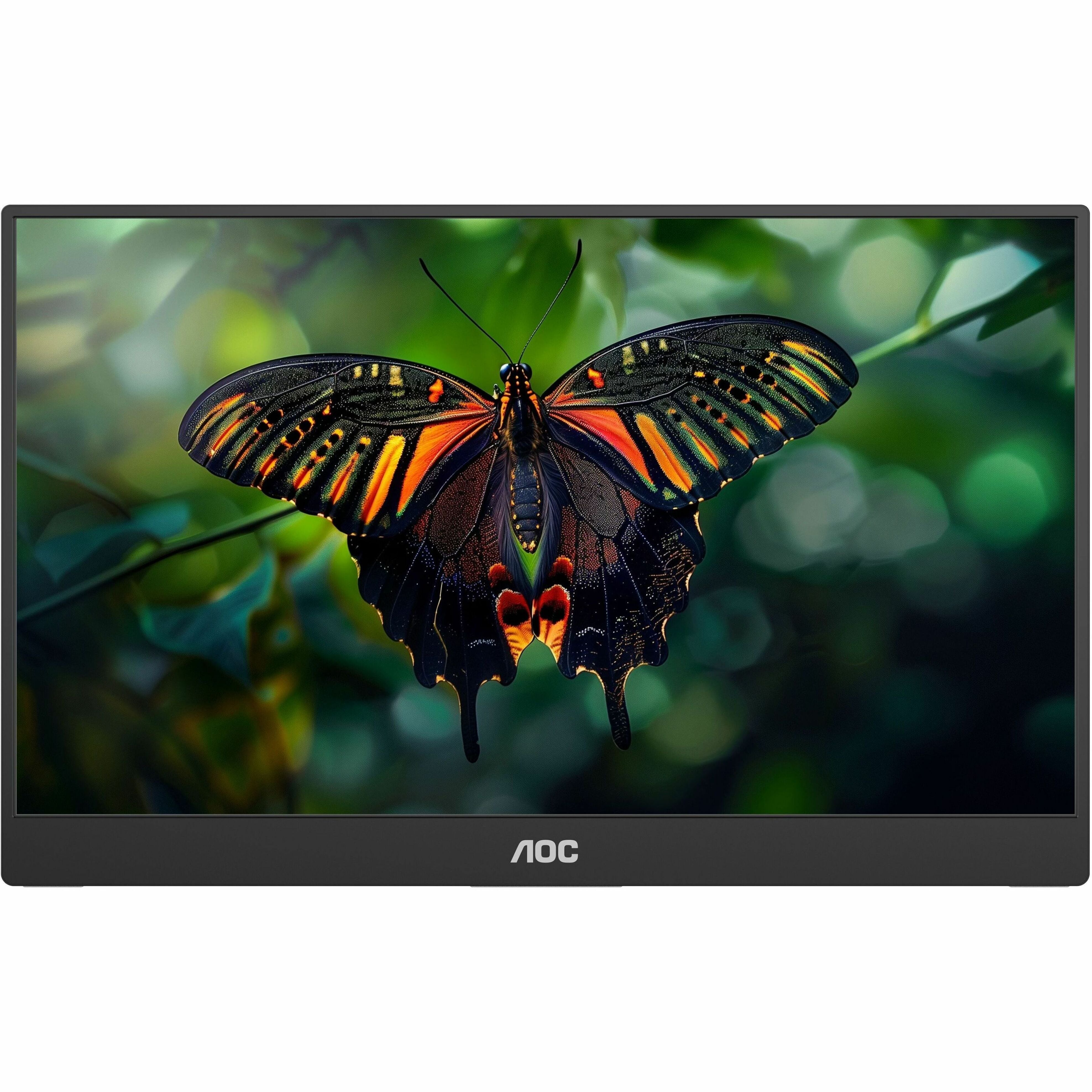 Close-up view of AOC 16E10 monitor displaying detailed butterfly image-alternate-image3