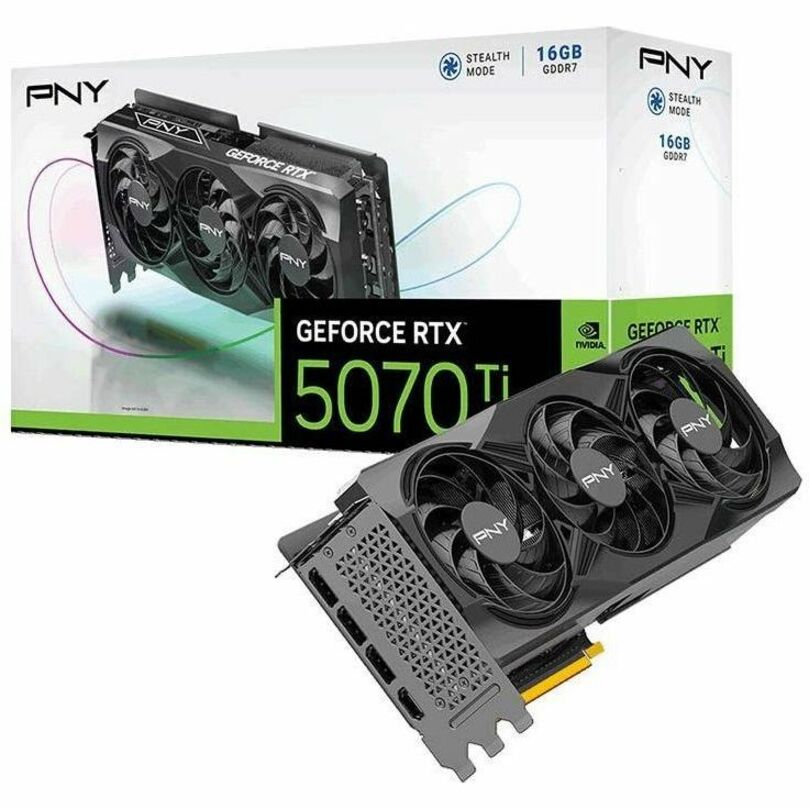 Retail packaging and product shot of PNY GeForce RTX 5070 Ti graphics card