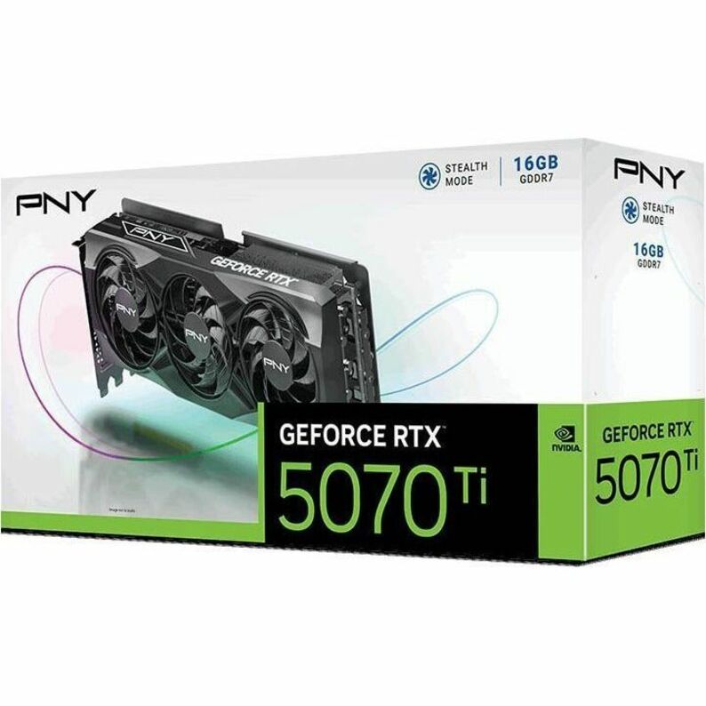 Full retail packaging display of PNY GeForce RTX 5070 Ti graphics card